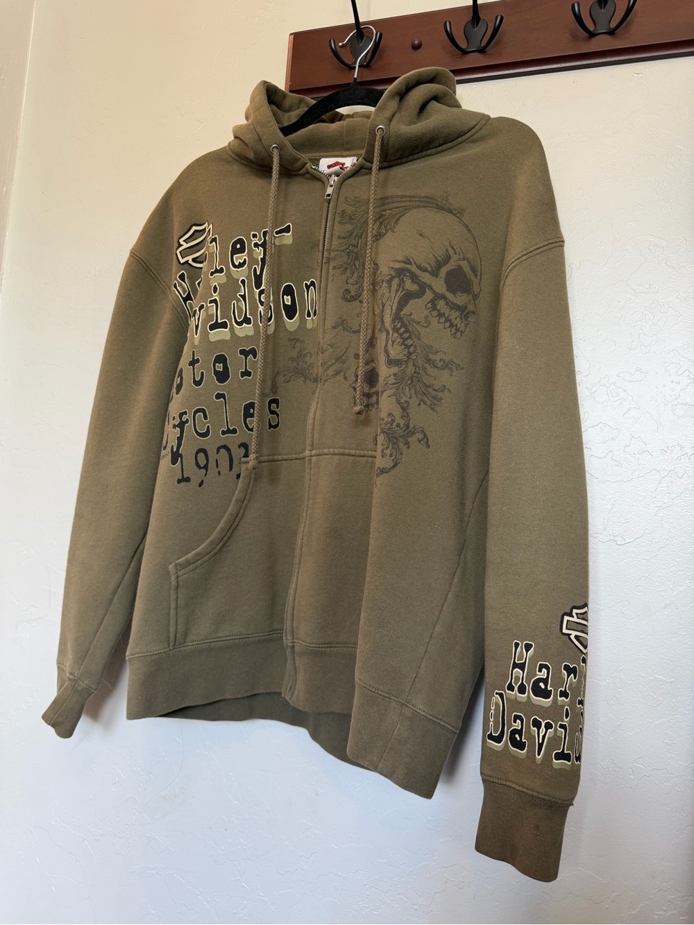Harley-Davidson Temple Texas Zip Hoodie Mens M Olive Skull Graphic Y2K Biker